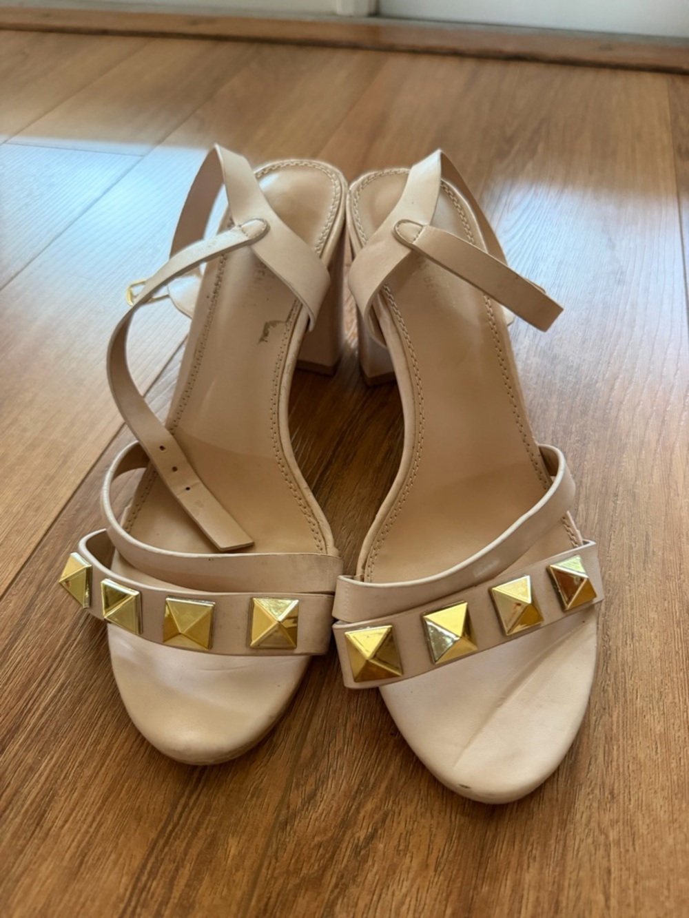 Beige Ankle-Strap Block Heel Sandals with Gold Studs